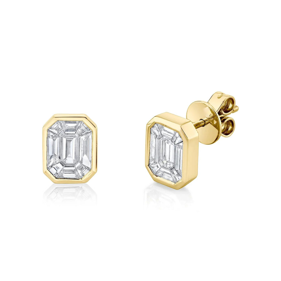 Yellow Gold Illusion Emerald Cut Stud Earrings