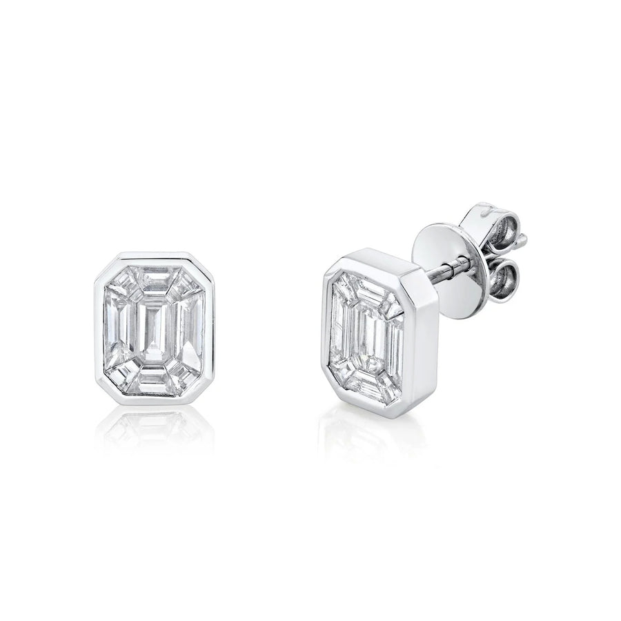 White Gold Illusion Emerald Cut Stud Earrings