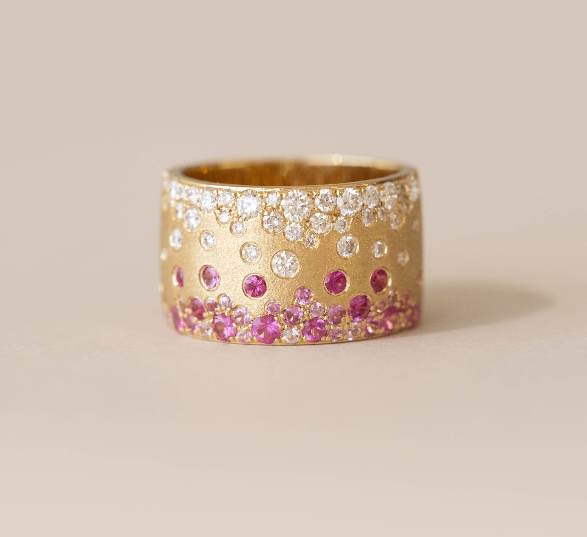 Scattered Diamond, Pink Sapphire & Ruby Wide Cigar Style Ring