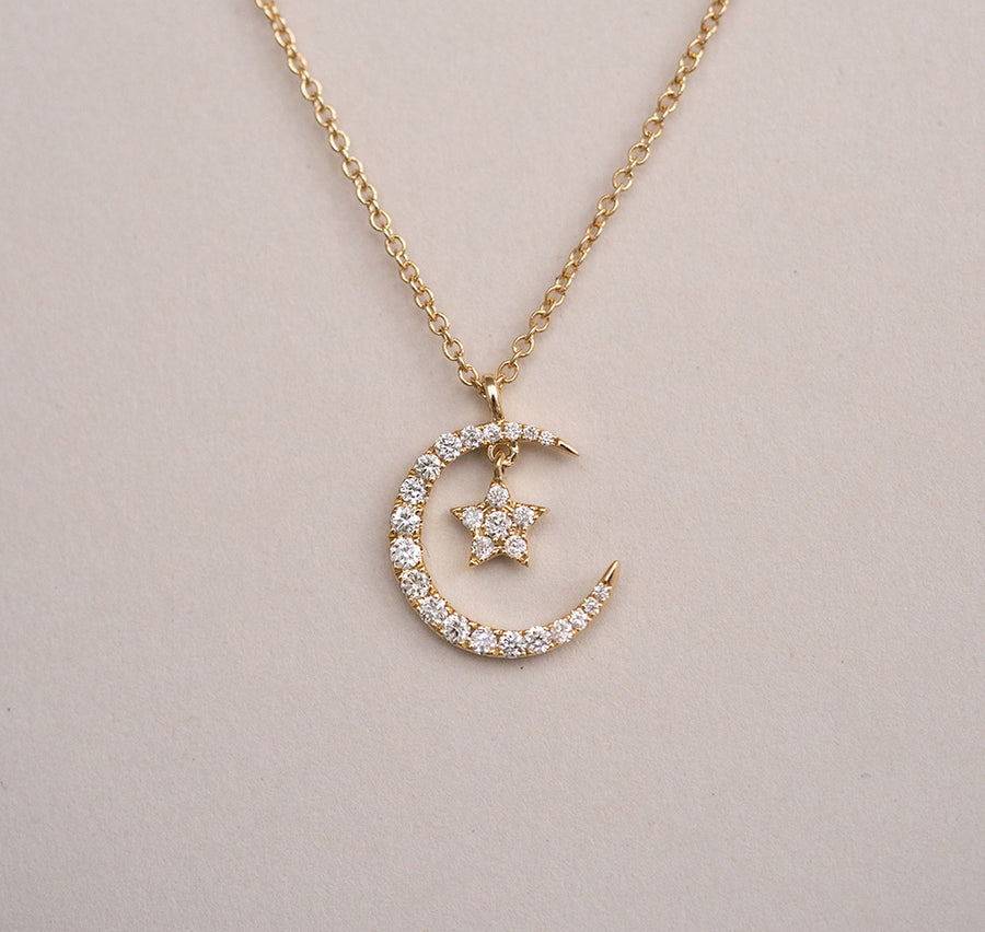 Crescent Moon & Star Diamond Necklace - by Harold Stevens Jewelers
